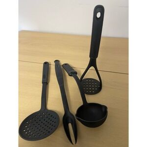 Black Kitchen Utensil Set 4 Piece Spatula Skimmer Fork Ladle